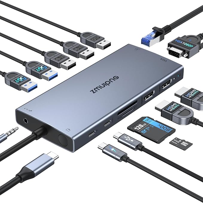 ZMUIPNG USB C Docking Station Dual Monitor 15 in 1 Laptop Docking Station Triple Display USB C Hub Multiple Adapter Dongle with 4K HDMI+VGA+USB Port+Button+PD+Ethernet for Dell HP Thinkpad Surface
