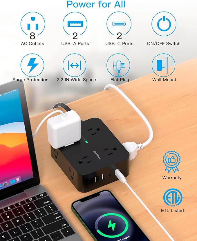 Surge Protector Power Strip 15 Ft Cord, HANYCONY Extension Cord with 8 Outlets 4 USB Ports(2 USB C), Long Cord Power Strip with Flat Plug, Wall Mount, Desk for Home Office