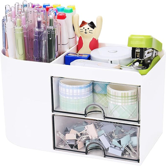 Desk Organizer with Drawer, Pen Organizer for Desk, Small Pencil Holder, Desk Organizers and Accessories for Office Home Storage (2 Drawers+4 Compartments, White)