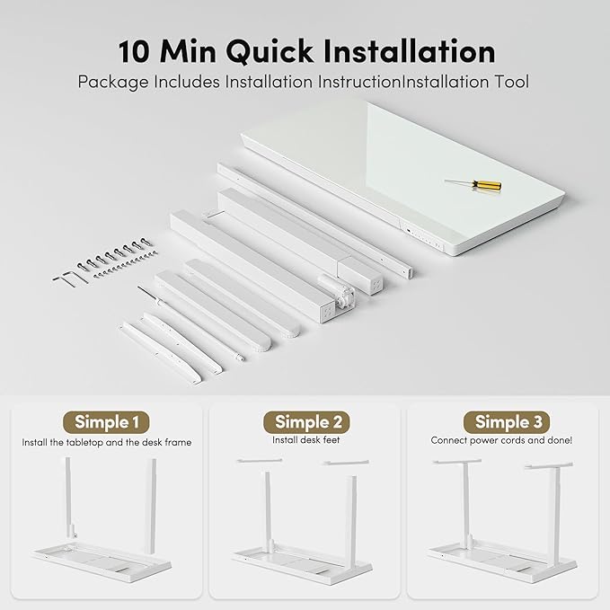 BANTI Electric Standing Desk with Drawers, 55 inch Whole-Piece Glass Desktop, Height Adjustable Stand up Sit Stand Home Office Ergonomic Workstation, White Tabletop