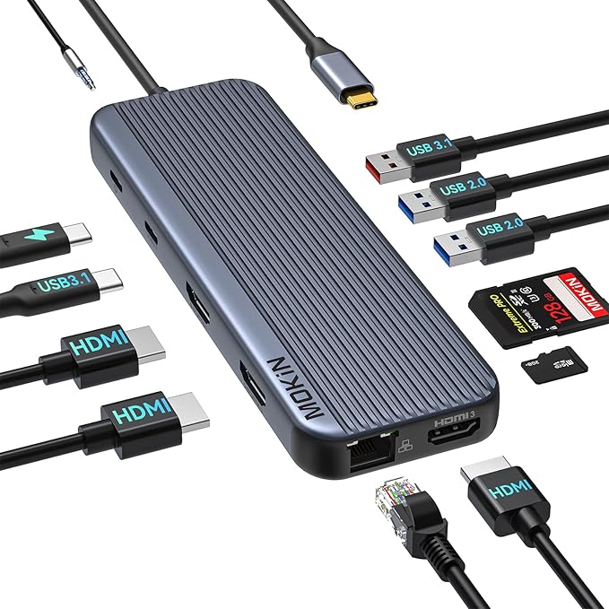 3 HDMI Laptop Docking Station, MOKiN USB C Dock 3 Monitors, 12 in 1 USB C to 3 HDMI Adapter with 10Gbps USB A&C 3.1, 2*USB A 2.0, 100W PD, Ethernet,SD/TF,Audio Port for HP/Dell/Lenovo