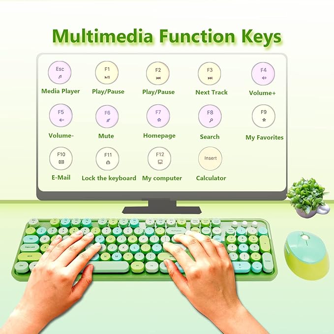 Wireless Keyboard and Mouse Combo, Ergonomic Cute Retro Typewriter Full Size Colorful USB Cordless Keyboard Mouse Set for Gaming and Office (Green)