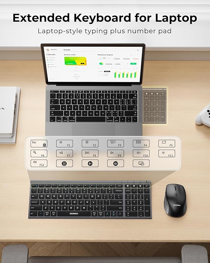 seenda Wireless Bluetooth Keyboard and Mouse Combo, COE401 Rechargeable Slim Keyboard Mouse, 3 Multi-Device Connection, Compact Quiet Set Compatible for Mac/Windows Laptop MacBook iPad, Black Gray
