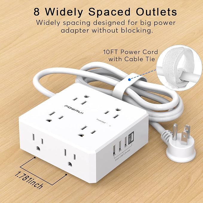 10Ft Surge Protector Power Strip - Flat Plug Extension Cord with 8 Widely Outlets and 4 USB Ports(1 USB C), 3 Side Outlet Extender for Home Office Dorm Room Essentials, White，ETL Listed