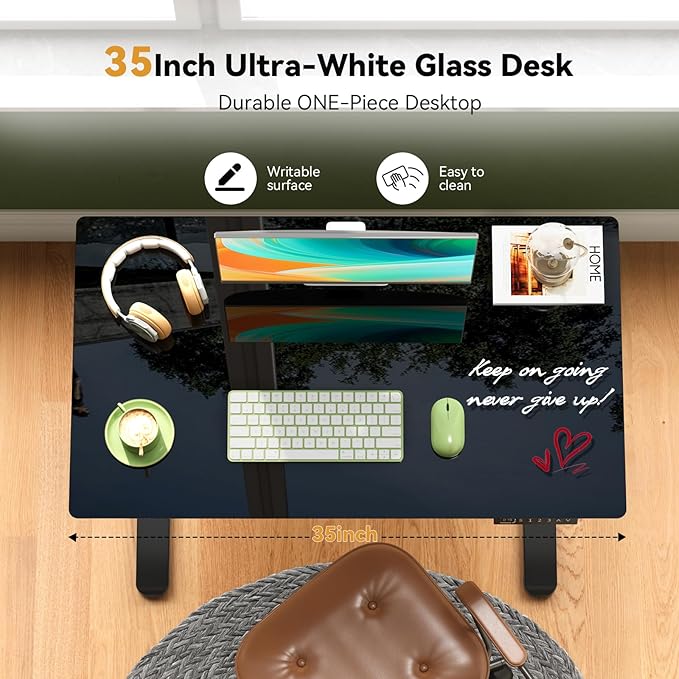 Glass Standing Desk with Drawer, Electric Sit Stand Desk with Wheels, 35×20Inch Whole Piece Height Adjustable Rising Table, Small Computer Workstation, Black