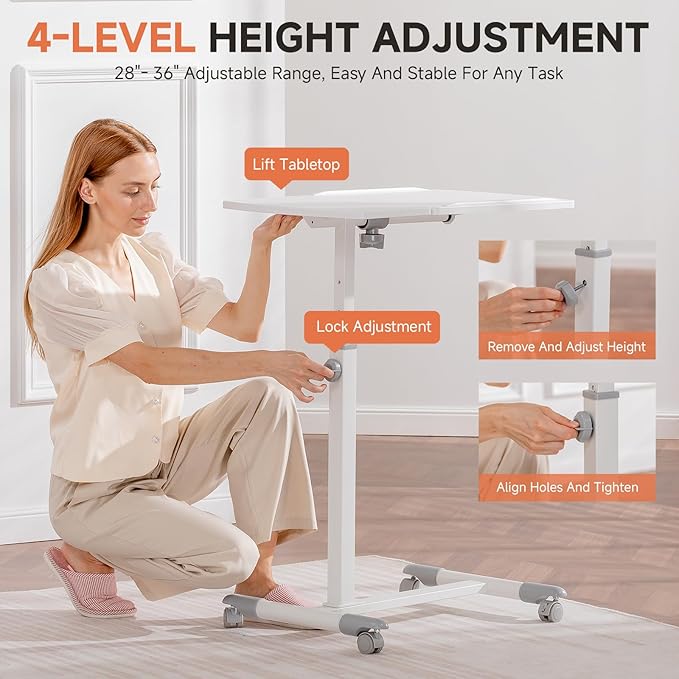 GTPLAYER Mobile Small Standing Desk, Tiltable Sit Stand Portable Rolling Laptop Desk with Lockable Wheels, Adjustable Height Overbed Bedside Table Computer Workstations, White