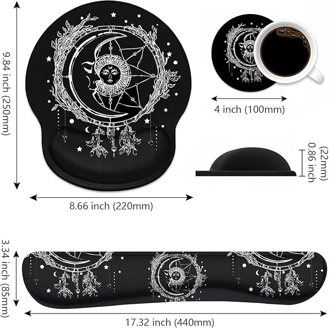 Keyboard Wrist Rest and Mouse Pad Wrist Support Set, Non-Slip PU Base, Easy Typing and Relieve Wrist Pain, Perfect for Home Office Working Studying, Celestial Theme Sun with Crescent Moon