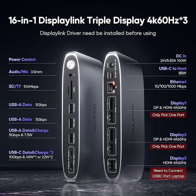 DisplayLink Docking Station Triple Monitor with 140W Power Adapter, PULWTOP 4K@60Hz Laptop Docking USB C Dock for MacBook M1/M2/M3, Windows, 3xHDMI, 2xDisplayPort,5xUSB C/USB A Data/Charging