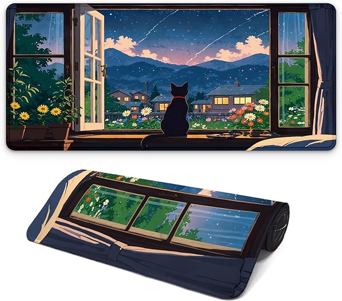 Black Cat Perched on a Windowsill Gaming Mouse Pad with Non-Slip Rubber Base, Large Kawaii Anime Mousepad with Stitched Edges, Long Keyboard Mat for Laptop and Mouse, 31.5 x 11.8 inches
