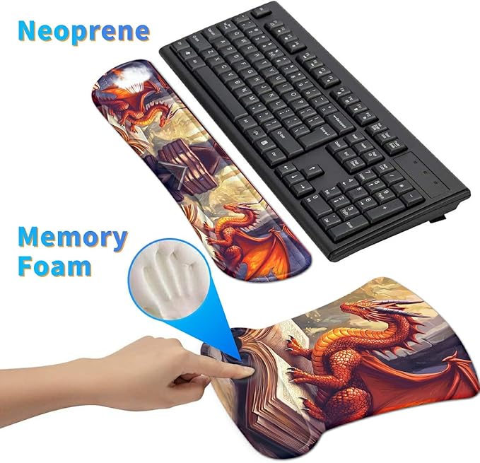 Ergonomic Mouse Pad with Wrist Support Gel Mouse Pads and Upgrade Keyboard Wrist Rest Pad Set, Coasters Non-Slip PU Base Mouse Mat for Office Gaming Computer Laptop Home, Red Dragon Books