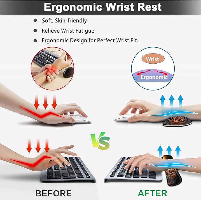 Large Mouse pad and Keyboard Support Set, Ergonomic Memory Foam Keyboard Wrist Rest, Extended Gaming Mouse Pad with Stitched Edges, Animal Leopard XXL Desk Mat (31.5 X 11.8 in)