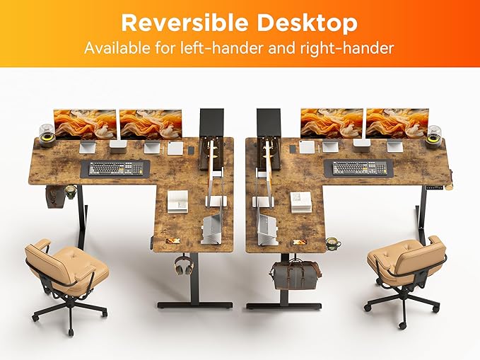 63X55 Inches Reversible L Shaped Standing Desk Height Adjustable with Cup Holder, Electric Corner Computer Desk, Sit Stand up Home Office Desk, Ergonomic Gaming Desk, Rustic Brown