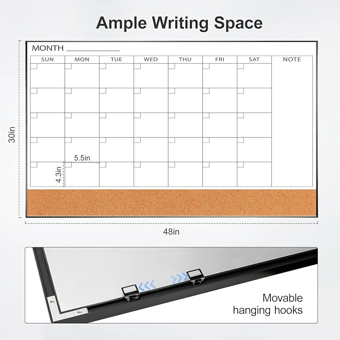 ARCOBIS Large Dry Erase Calendar with Cork for Wall, 48"x 30" Magnetic Calendar Whiteboard with Black Frame, Monthly Combination Board for School, Home, Office