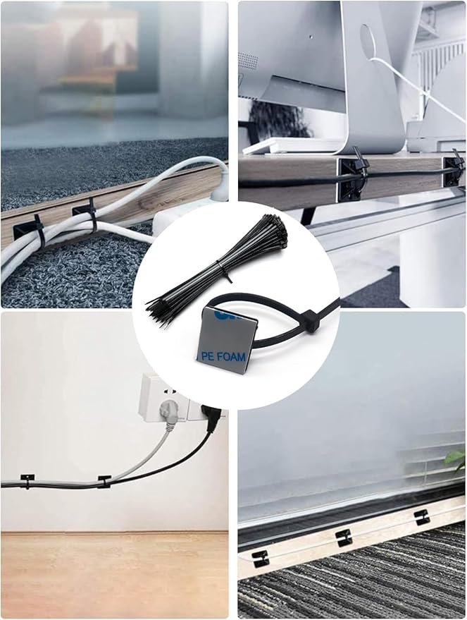 Cable Management Kit - 100 Set Adhesive Cable Zip Tie Mounts with 8" Zip Ties | UV Resistant Wire Organizers for Indoor/Outdoor Use-Black