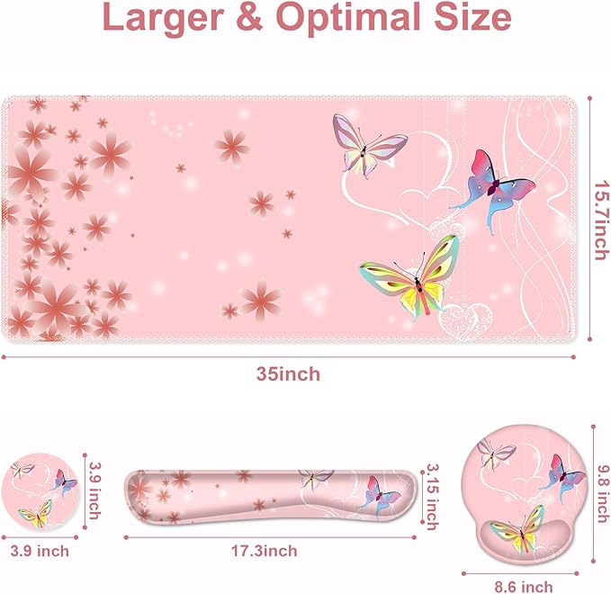 Peach Pink Butterflies Florals Mouse Pad, XXL Large Desk Mat Extended Reading Desk pad, 4 PCS Non-Slip Rubber Base Computer Big Mousepads for Work, Game, Office, Home Decor Cute Girls Woemn Gifts