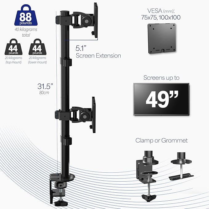 VIVO Dual Vertically Stacked Ultra-Wide Monitor Desk Mount for up to 49 inch Ultrawide Screens, Extra Tall Heavy Duty Adjustable Stand Holds 44 lbs Per Screen, Black, STAND-V202R