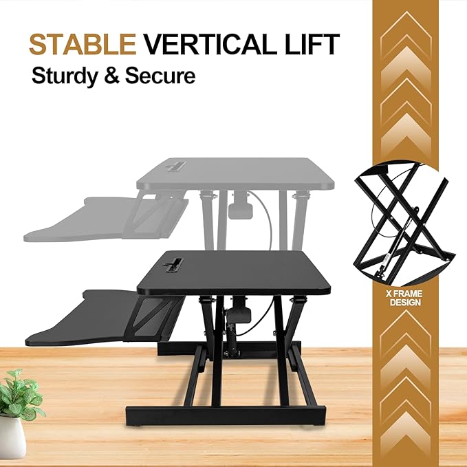 37" Stable Standing Desk Converter, Height Adjustable Sit Stand Up Desk Riser, Dual Monitor and Laptop Workstation with Wide Keyboard Tray Desk Lifter for Home Office, Black