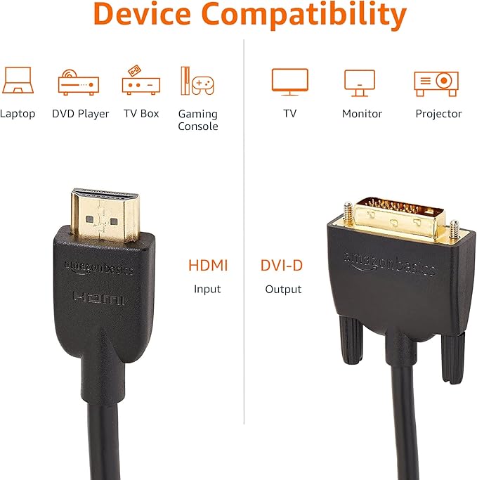 Amazon Basics HDMI-A to DVI (Male) Adapter Cable, Bi-Directional 1080P, Gold-Plated, 6 ft/1.8 m, Single Pack for Television, Black