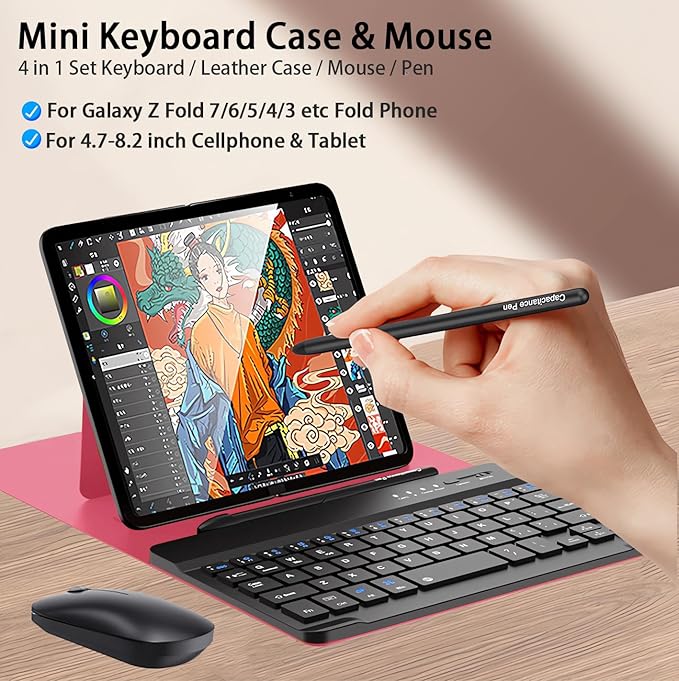 for Samsung Galaxy Z Fold 7 6 5 Keyboard and Mouse, Portable Mini Bluetooth Keyboard with Leather Case and Capacitive Pen, 4 in 1 Set for Z Trifold Fold7 Accessories