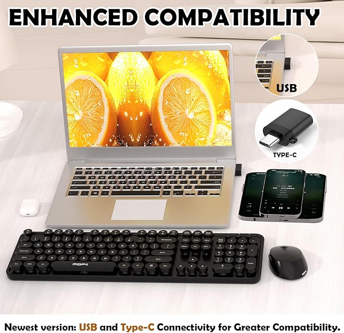 Wireless Keyboard and Mouse Combo, MOFII 104 Keys Full-Size Retro Round Keys Typewriter Keyboards Ergonomic Keyboards and Mouse Wireless for Windows, PC, Laptop, Desktop Black