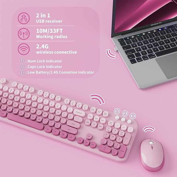 Wireless Keyboard and Mouse Combo, 2.4GHZ Typewriter Retro Full Size Keyboards, Cute Colorful Computer Keyboard and Wireless Mouse for Laptop/Desktop/Windows/PC (Pink Gradient)