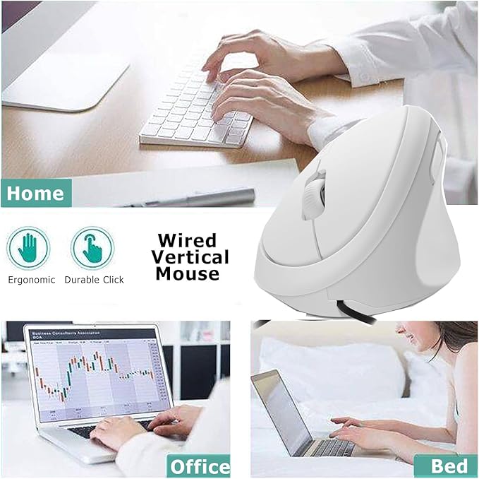 Wired Vertical Mouse, Ergonomic Optical USB Cord PC Gaming Mice 800-1200-1600 DPI Portable Silent Mause for Laptop Desktop Office Use (White)