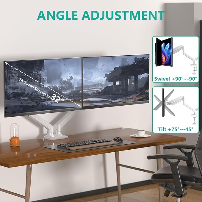 WALI Dual Monitor Stand, Adjustable Gas Spring Arm Monitor Mount for 2 Monitors up to 32 Inch,19.8lbs Capacity (GSMP002W), White by WALI
