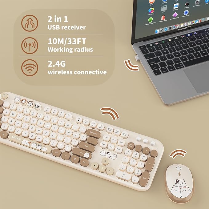 Wireless Keyboard and Mouse Combo, 2.4GHZ Typewriter Retro Full Size Keyboards, Cute Colorful Computer Keyboard and Wireless Mouse for Laptop/Desktop/Windows/PC (Milk Tea Colorful)