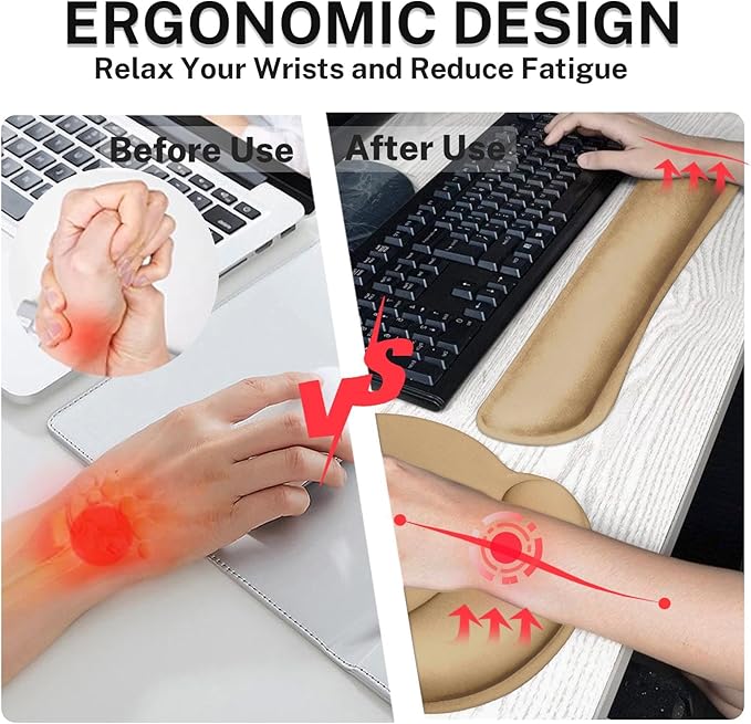 Britimes Brown Keyboard Mouse Pad Set Brown 4 in1 Large Mousepad+Keyboard Wrist Rest+Mouse Wrist Rest+Coaster Ergonomic Design for Home Office Computer 35.4x15.7Inches