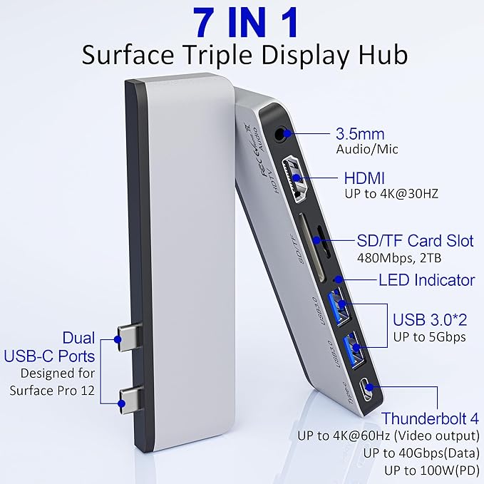 Surface Pro 12 Docking Station, Surface Pro 12 Accessories with 4K HDMI, Thunerbolt 4 Hub (4K@60Hz Display+ 40Gbps Data+ 100W Charging), 2 USB3.0, SD/TF, 3.5mm Audio for Surface Pro 12 inch 2025