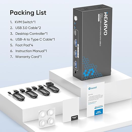 Hearvo HDMI DisplayPort KVM Switch 2 Monitors 2 Computers, 8K@60Hz Dual Monitor KVM Switcher with HDMI 2.1 & DisplayPort 1.4, USB 3.0 Hub,with Controller & 2 USB Cables & EDID Adaptive -7240PH2