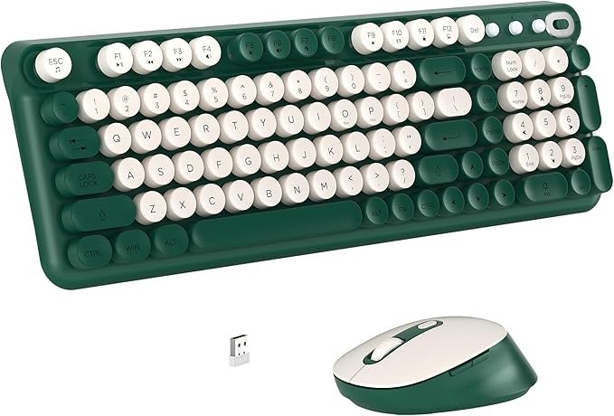 Wireless Keyboard and Mouse Combo, Full-Size Retro Typewriter Keyboard Style, 2.4GHz USB Receiver, Plug-and-Play, Keyboard Mouse Set for Computer, Laptop, Windows, Mac, and PC (Green)