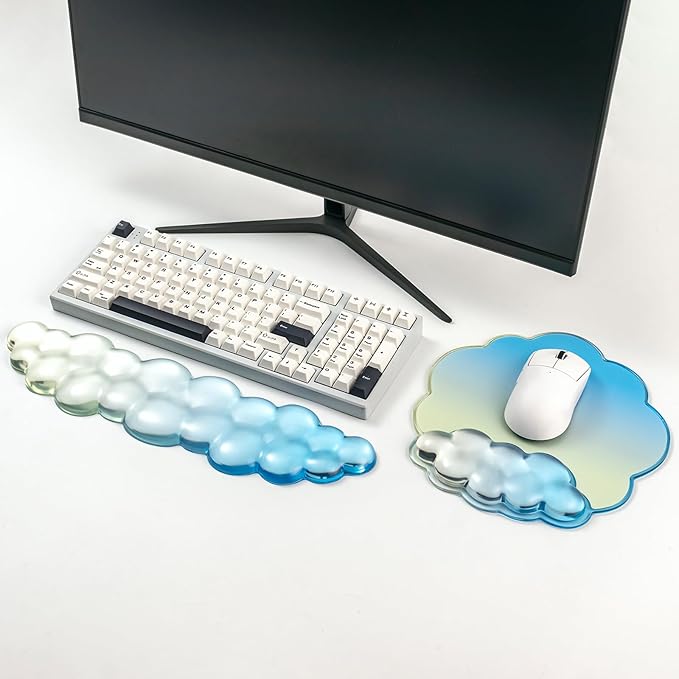 Keyboard Wrist Rest with Cloud Mouse Pad - Gradient Blue Ergonomic Cloud Mouse Pad with Non-Slip Base, Cute Office Accessories for Desktop/Latop/Home/Office