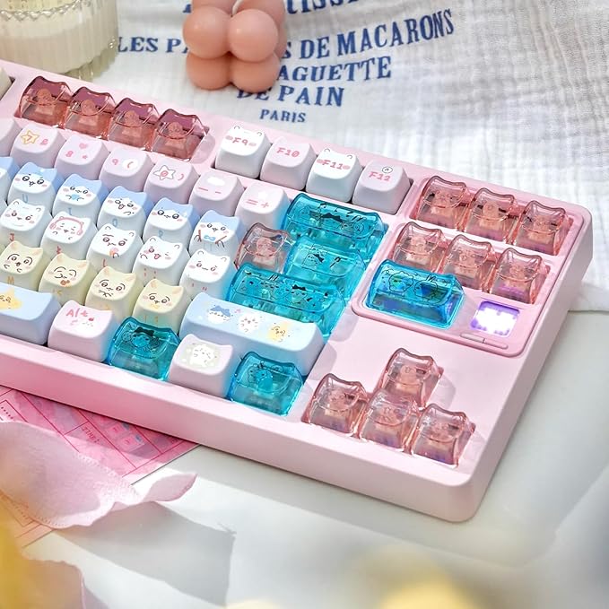 26 Keys Crystal Jelly Personalized Keycaps, PC Material Cute Blue Pink Kawaii Transparent Custom Keycaps, Mao Profile Keycap for DIY MX Swithes Mechanical Keyboards