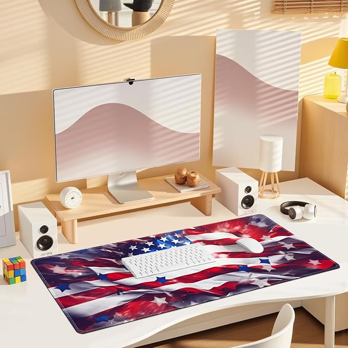 Desk Pad for Keyboard and Mouse, Large Mouse Pad for Desk, Non-Slip Keyboard Mat, Computer Mats for Desk, Desk Pad with Stitched Edges for Office, Gaming Men Boy I American Flag USA