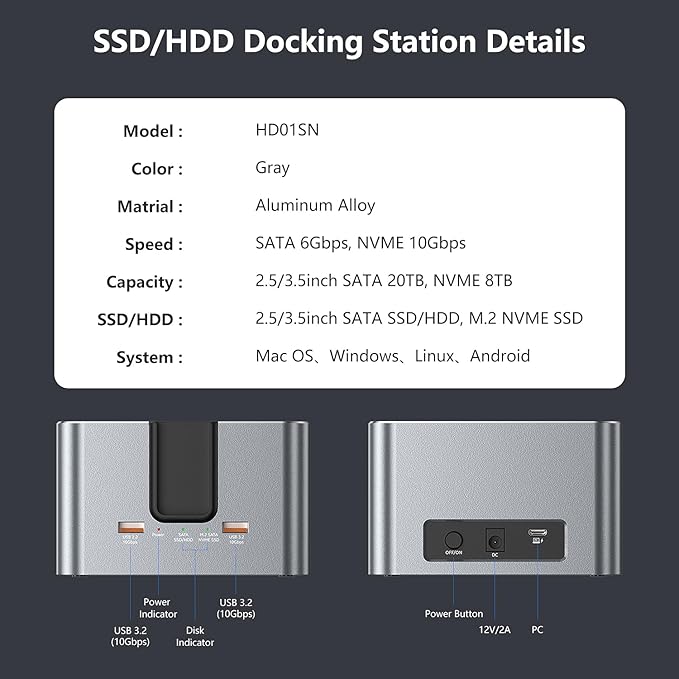 MiliPow SATA & M.2 NVMe Hard Drive Docking Station for 2.5 & 3.5 inch SATA HDD/SSD and M.2 NVMe SSD, USB 3.2 10Gbps Transfer Rate, Up to 28TB, 2-Bay