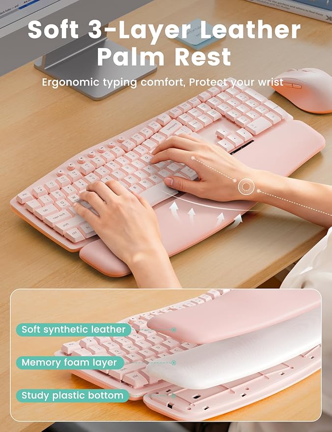 Pink Wireless Keyboard and Mouse Combo, 30dB Quiet Ergonomic Wave Keyboard Set with Soft Leather Palm Rest, Dual-System Switch for Windows/Mac, Ideal for Business Teams Home Office - SABLUTE MA41