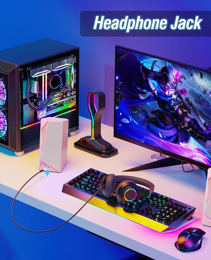LENRUE Computer Speakers, USB/USB-C Powered PC Speakers with Loud Stereo Sound, Headphone-in for Desktop, Laptop, Monitor (USB-C to USB Adapter Included) (Pink)