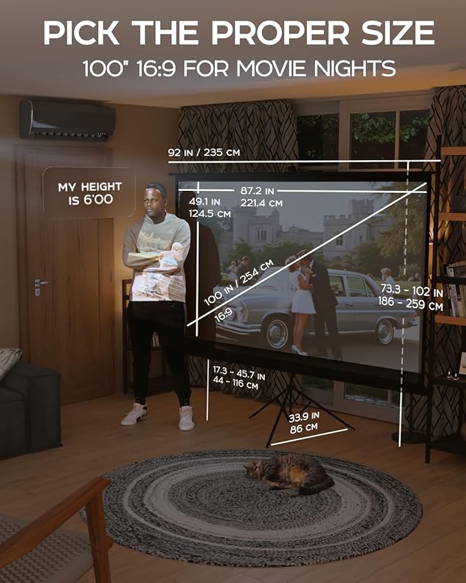 100 Inch Indoor and Outdoor Projector Screen with Stand for Movies or Presentations - HD Premium 16:9 Folding Free Tripod Screen with Carry Bag and Straps, Matte