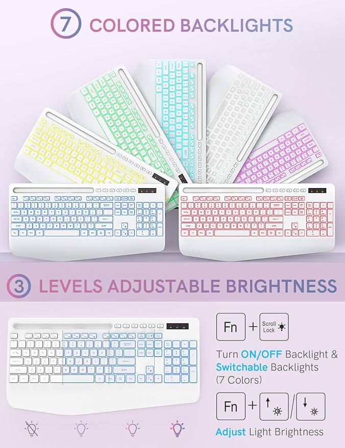 Trueque Wireless Keyboard and Mouse Combo with 7 Colored Backlits, Wrist Rest, Rechargeable Ergonomic Keyboard with Phone Holder, Silent Lighted Full Size Combo for Windows, PC, Laptop (Cloud White)