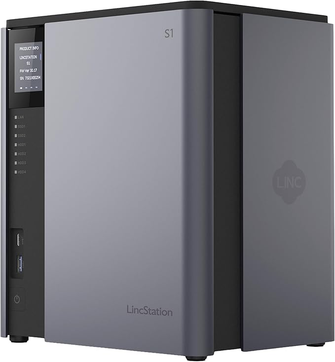 LincStation S1 6-Bay Desktop NAS - Intel N97 Quad-Core, 8GB DDR5 RAM (up to 16GB), 128GB eMMC, 4X SATA HDD + 2X M.2 NVMe SSD, Dual 2.5GbE, Unraid License Included, Network Attached Storage(Diskless)