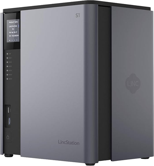 LincStation S1 6-Bay Desktop NAS - Intel N97 Quad-Core, 8GB DDR5 RAM (up to 16GB), 128GB eMMC, 4X SATA HDD + 2X M.2 NVMe SSD, Dual 2.5GbE, Unraid License Included, Network Attached Storage(Diskless)