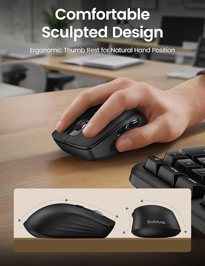 Ergonomic Wireless Keyboard and Mouse Combo, 2.4G Full Size Wave Key Board with Cushioned Palm Rest, Natural Typing, 3 DPI Adjustable Mouse, USB-A & C for Computer/Laptop/Mac/Tablet - Sablute MA31