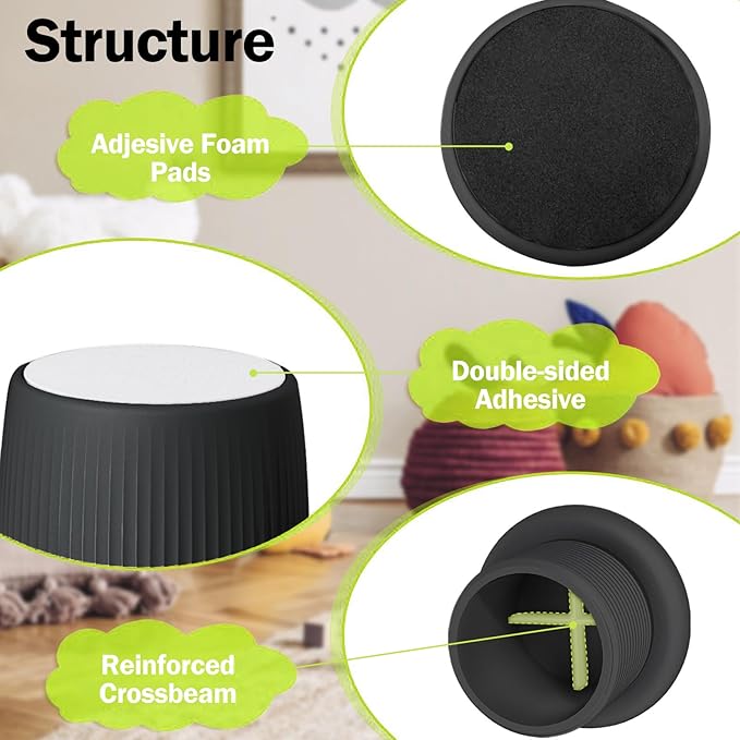 1.6-2.6 Inch Adjustable Bed Risers, Durable ABS & Anti Slip Bed Stoppers for Headboard, Suitable for Small Furniture Risers, Such As Table Risers, Chair Risers, Desk Leg Riser, Black 4 Pack