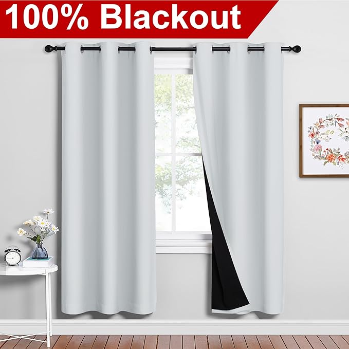 NICETOWN 100% Blackout Window Curtain Panels, Greyish White, 2 Pieces, 42-inch Wide Per Panel, Full Light Blocking Drapes with Black Liner for Nursery, 72-inch Drop Thermal Insulated Draperies