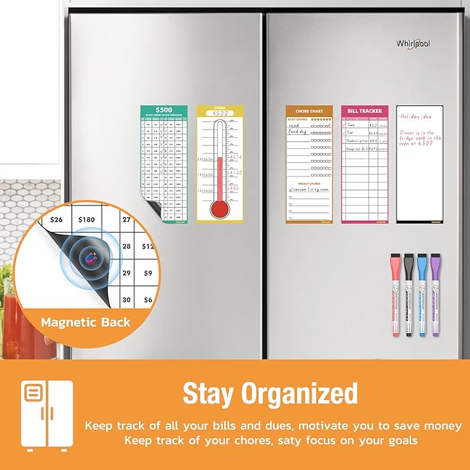 HOMiDEK Magnetic Whiteboard for Fridge - Reusable Dry Erase Chore Chart, Fundraising Thermometer Goal Tracker, Bill Payment Tracker, Money Saving Challenge and Memo Pad, 4 Markers - 5 Sheets, 4" x 10"