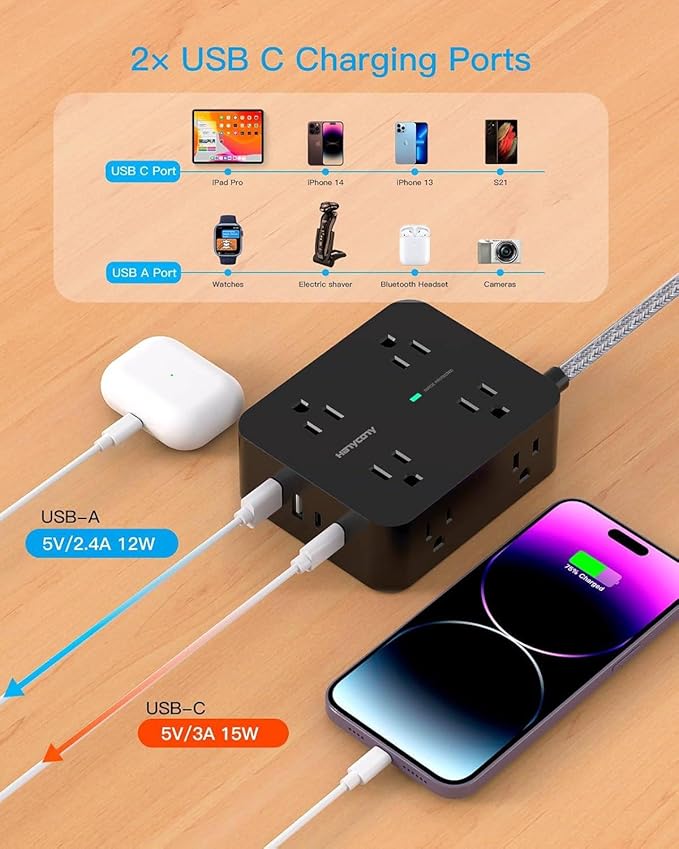 Surge Protector Power Strip 5 Ft, HANYCONY Ultra Thin Flat Plug Braided Extension Cord, 8 Widely Outlet Extender with 4 USB Ports(2 USB C), 1080J, Wall Mount for College Dorm Room Essentials Black