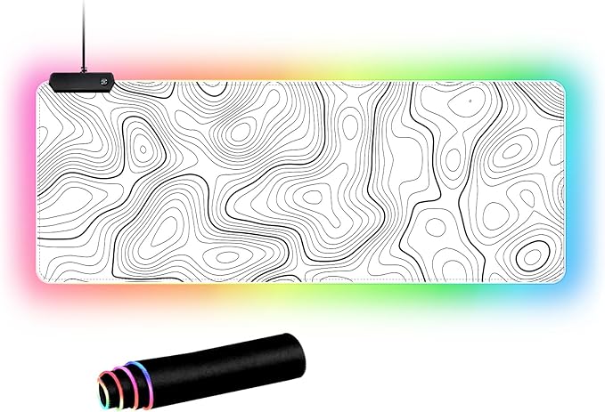 RGB Mouse Pad LED Desk Mat Large Gaming Mousepad White with Black Topographic Line Design, Keyboard Pad XL Mouse Mat for Home and Office(White with Black Topographic Line)