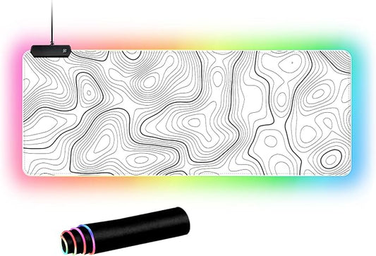 RGB Mouse Pad LED Desk Mat Large Gaming Mousepad White with Black Topographic Line Design, Keyboard Pad XL Mouse Mat for Home and Office(White with Black Topographic Line)