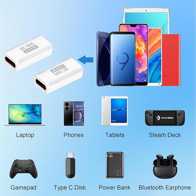 Danfetsoy USB C Coupler 80Gbps, USB C Female to Female Adapter Thunderbolt 5/4 Support 240W/80Gbps /8K@60Hz Video for MacBook, Laptop, Tablet, etc(White 2pack)